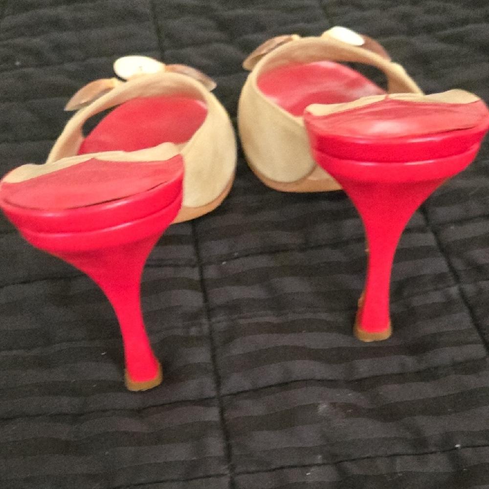 Jimmy Choo Red And Tan Mules With Shell Accents - image 5